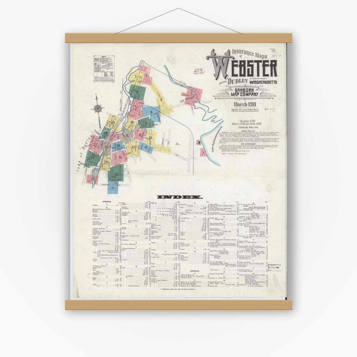 Old map wall art mockup — magnetic wood frame on white wall — Sanborn Fire Insurance Map from Webster, Worcester County, Massachusetts (1911), Sheet #0001