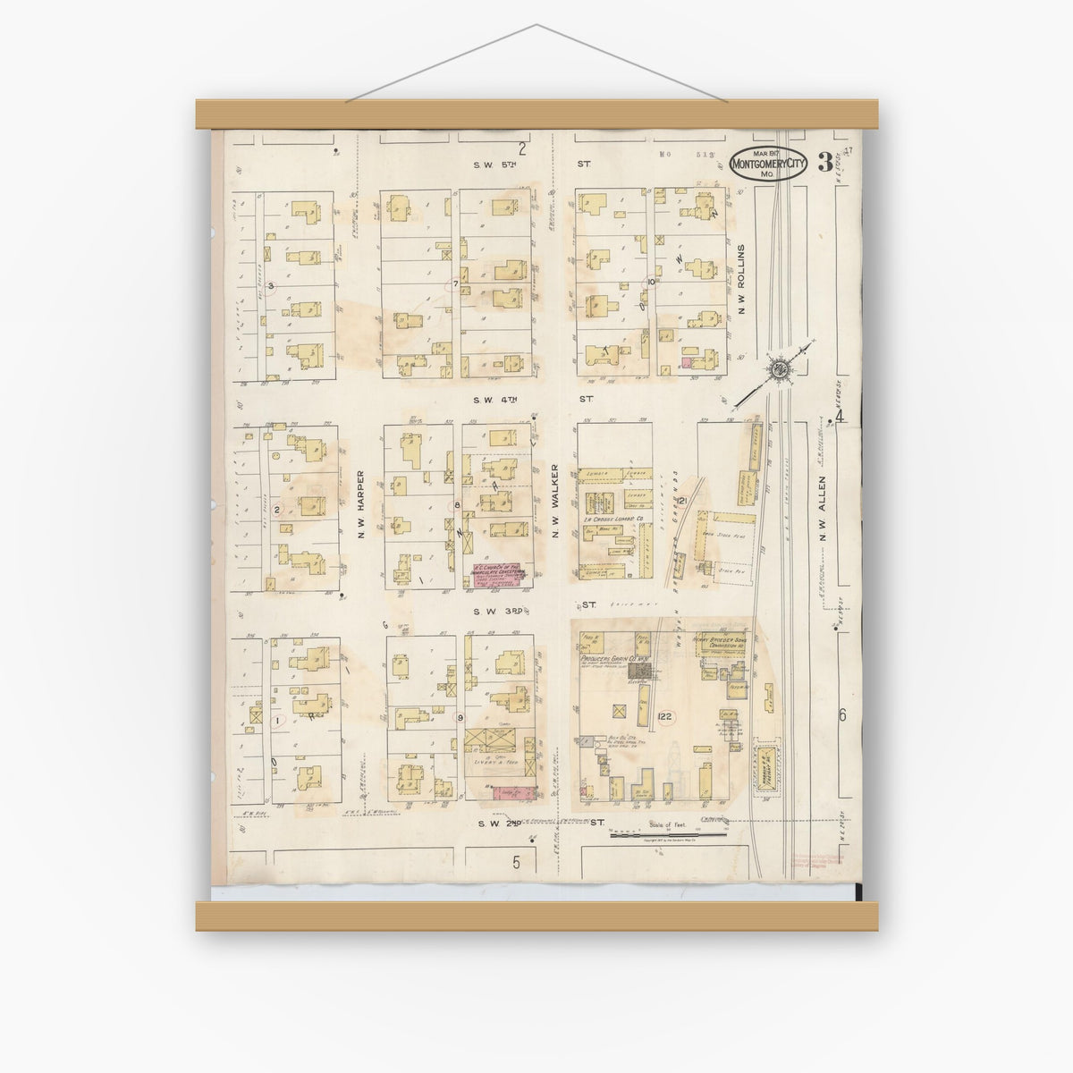 Old map wall art mockup — magnetic wood frame on white wall — Sanborn Fire Insurance Map from Montgomery City, Montgomery County, Missouri (1932), Sheet #0003