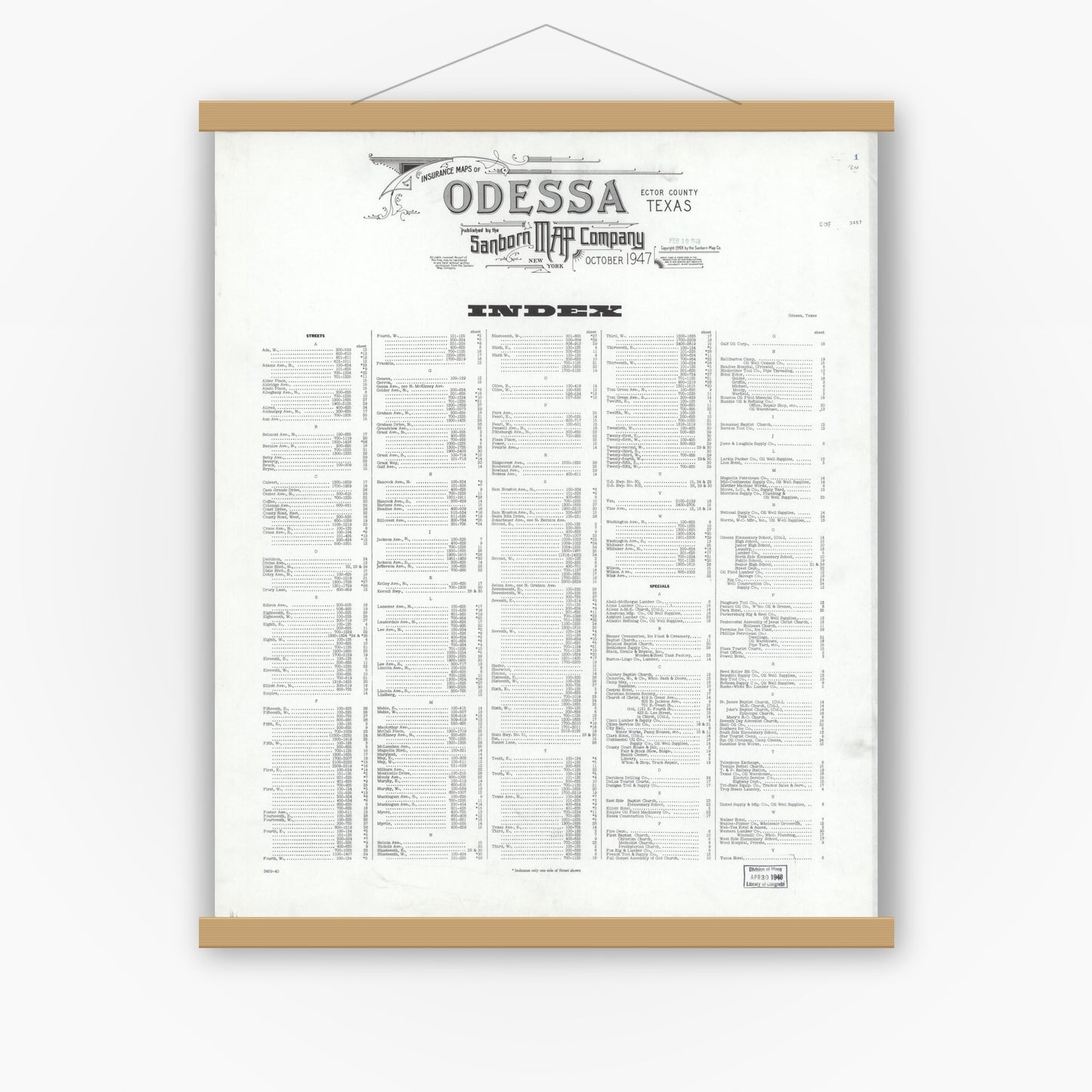 Old map wall art mockup — magnetic wood frame on white wall — Sanborn Fire Insurance Map from Odessa, Edger County, Texas (1947), Sheet #0001