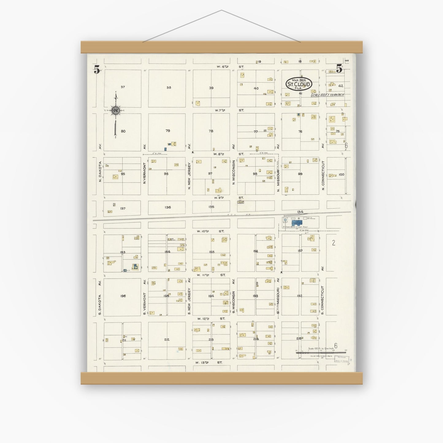 Old map wall art mockup — magnetic wood frame on white wall — Sanborn Fire Insurance Map from Saint Cloud, Osceola County, Florida (1924), Sheet #0005