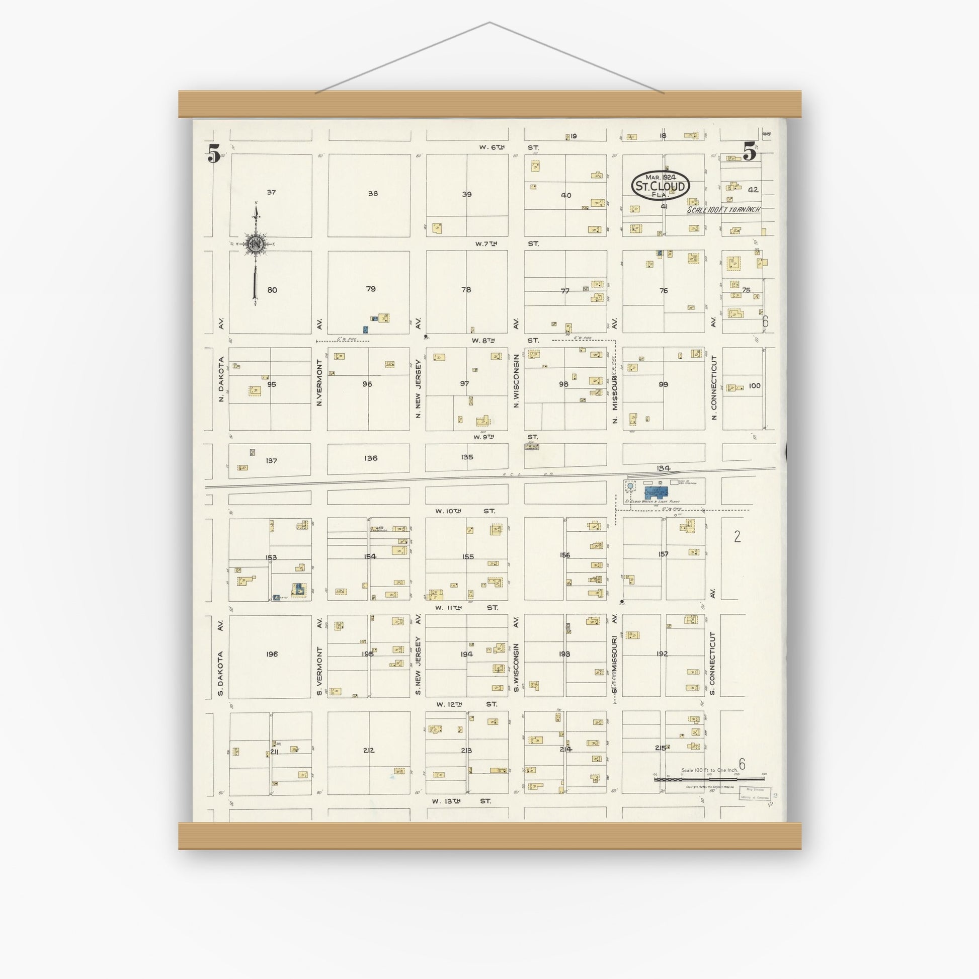 Old map wall art mockup — magnetic wood frame on white wall — Sanborn Fire Insurance Map from Saint Cloud, Osceola County, Florida (1924), Sheet #0005