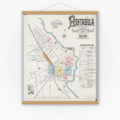 Old map wall art mockup — magnetic wood frame on white wall — Sanborn Fire Insurance Map from Ashtabula, Ashtabula County, Ohio (1889) - Complete Map Set