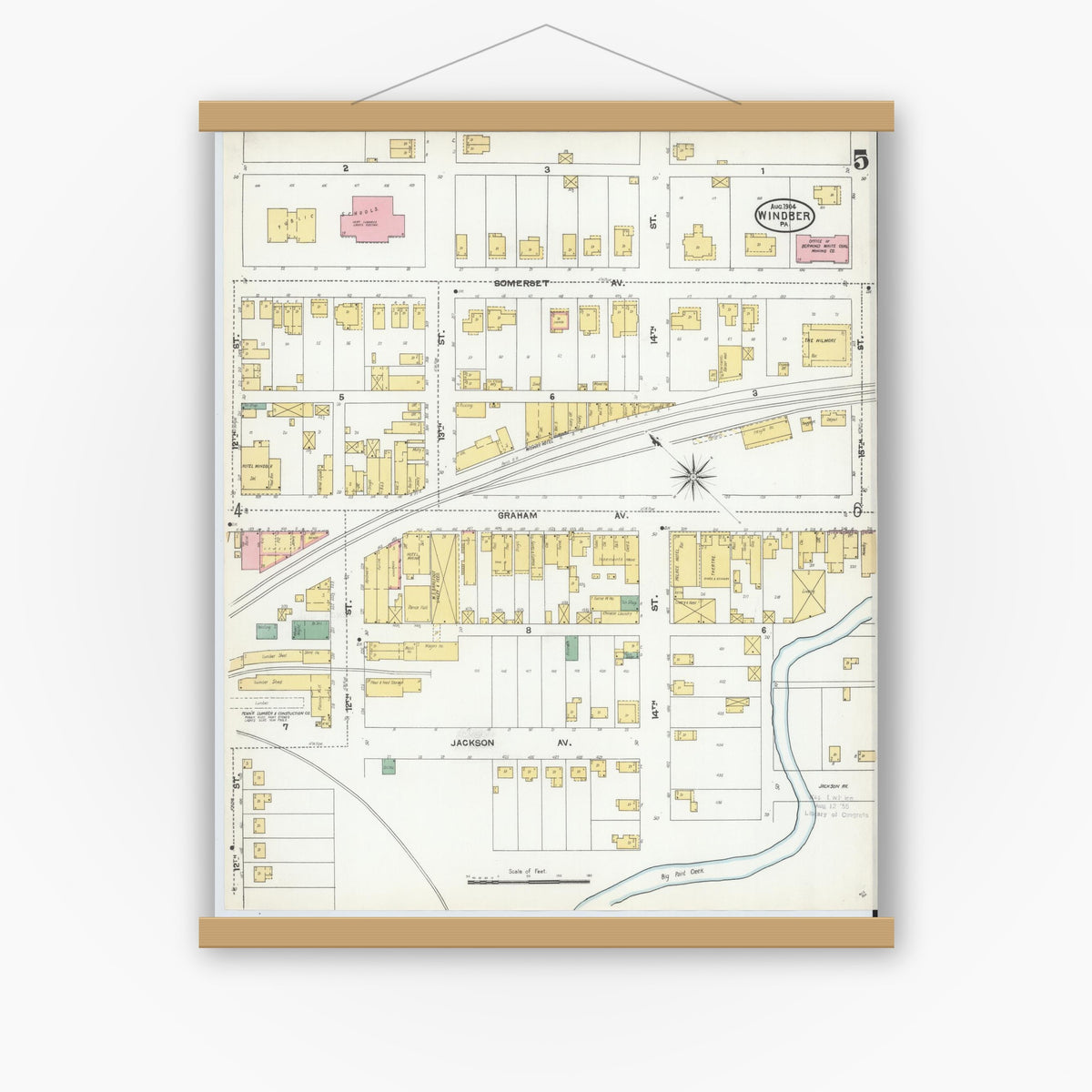 Old map wall art mockup — magnetic wood frame on white wall — Sanborn Fire Insurance Map from Windber, Somerset County, Pennsylvania (1904), Sheet #0005