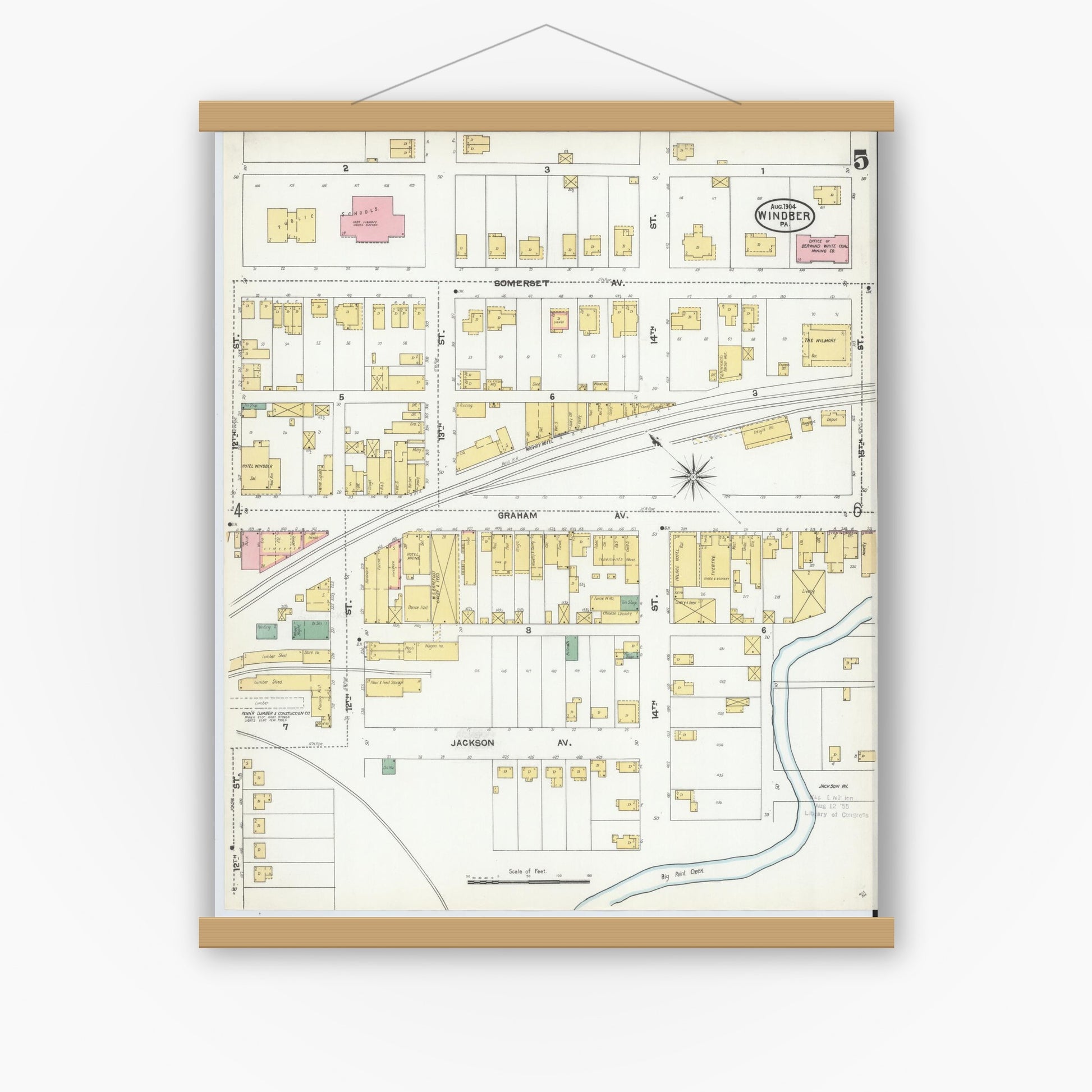 Old map wall art mockup — magnetic wood frame on white wall — Sanborn Fire Insurance Map from Windber, Somerset County, Pennsylvania (1904), Sheet #0005