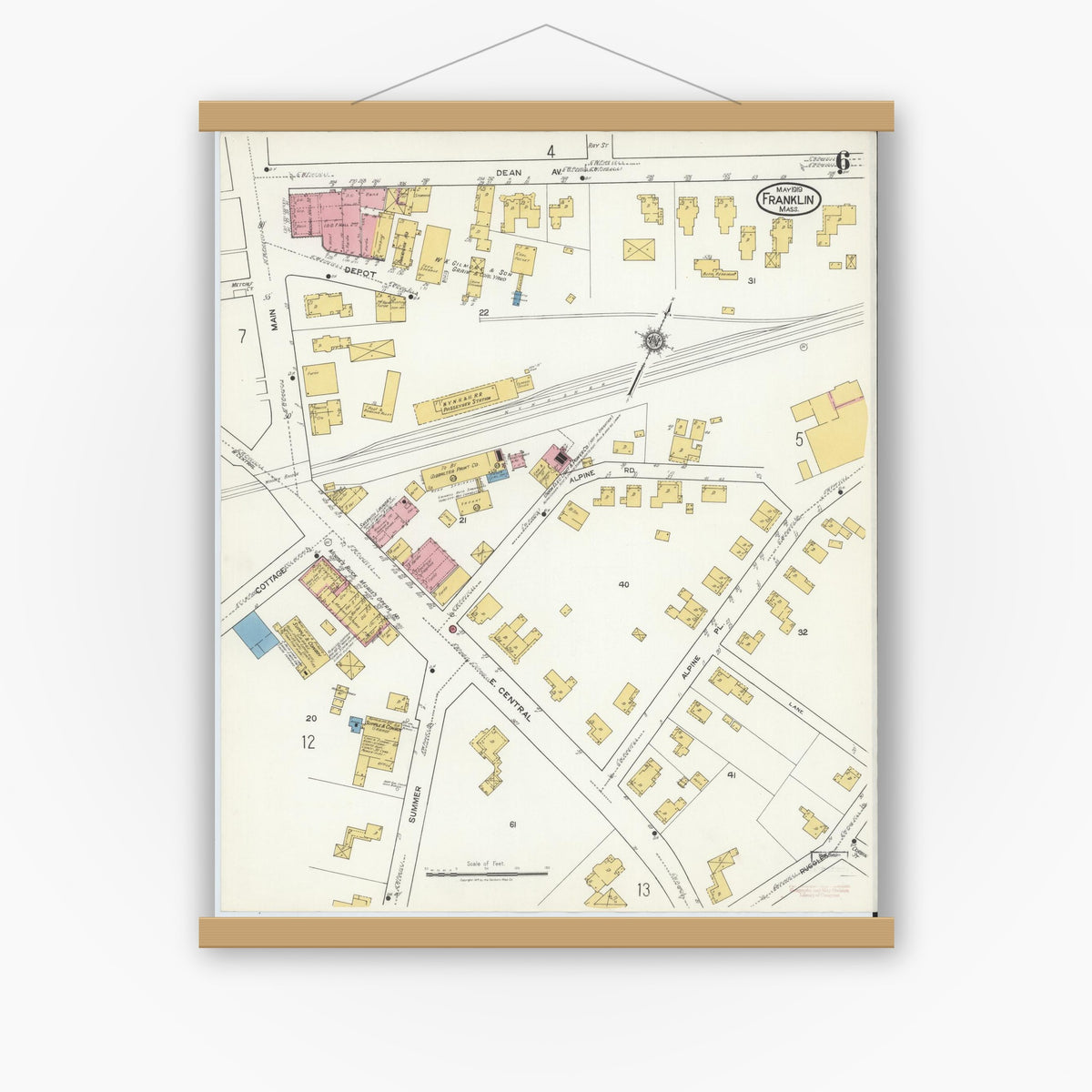 Old map wall art mockup — magnetic wood frame on white wall — Sanborn Fire Insurance Map from Franklin, Norfolk County, Massachusetts (1919), Sheet #0006