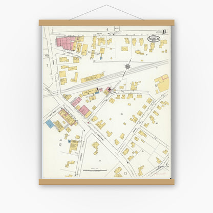 Old map wall art mockup — magnetic wood frame on white wall — Sanborn Fire Insurance Map from Franklin, Norfolk County, Massachusetts (1919), Sheet #0006