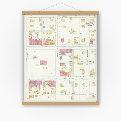 Old map wall art mockup — magnetic wood frame on white wall — Sanborn Fire Insurance Map from Carthage, Hancock County, Illinois (1898), Sheet #0003