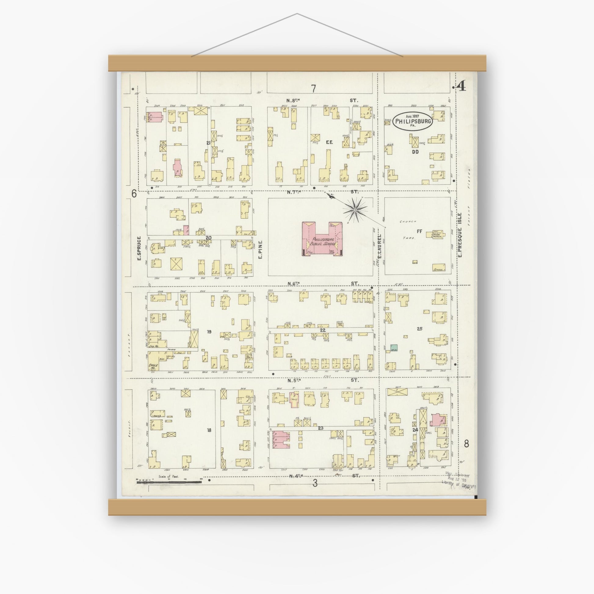 Old map wall art mockup — magnetic wood frame on white wall — Sanborn Fire Insurance Map from Philipsburg, Centre County, Pennsylvania (1897), Sheet #0004
