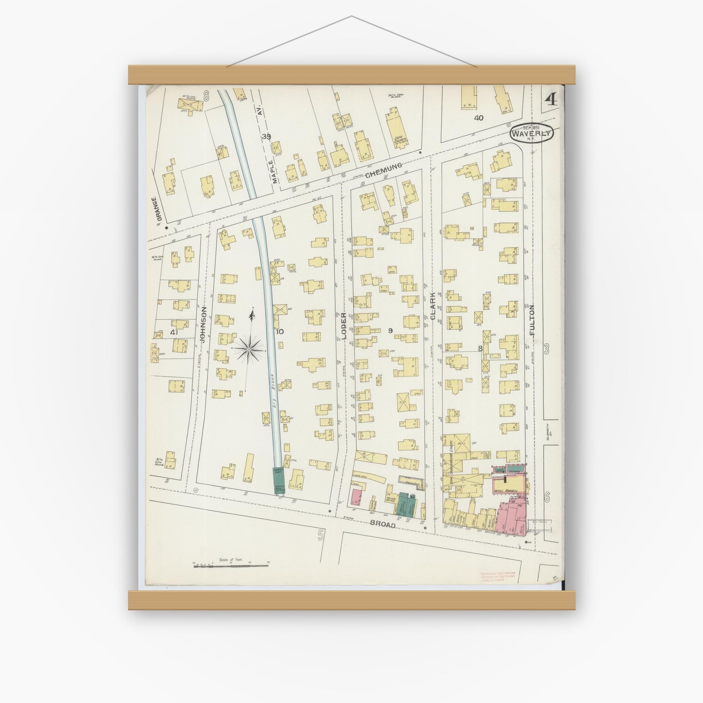 Old map wall art mockup — magnetic wood frame on white wall — Sanborn Fire Insurance Map from Waverly, Tioga County, New York (1893), Sheet #0004