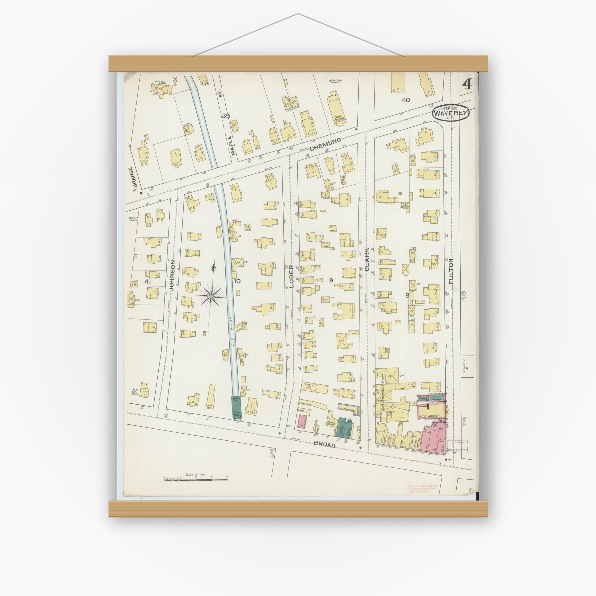 Old map wall art mockup — magnetic wood frame on white wall — Sanborn Fire Insurance Map from Waverly, Tioga County, New York (1893), Sheet #0004