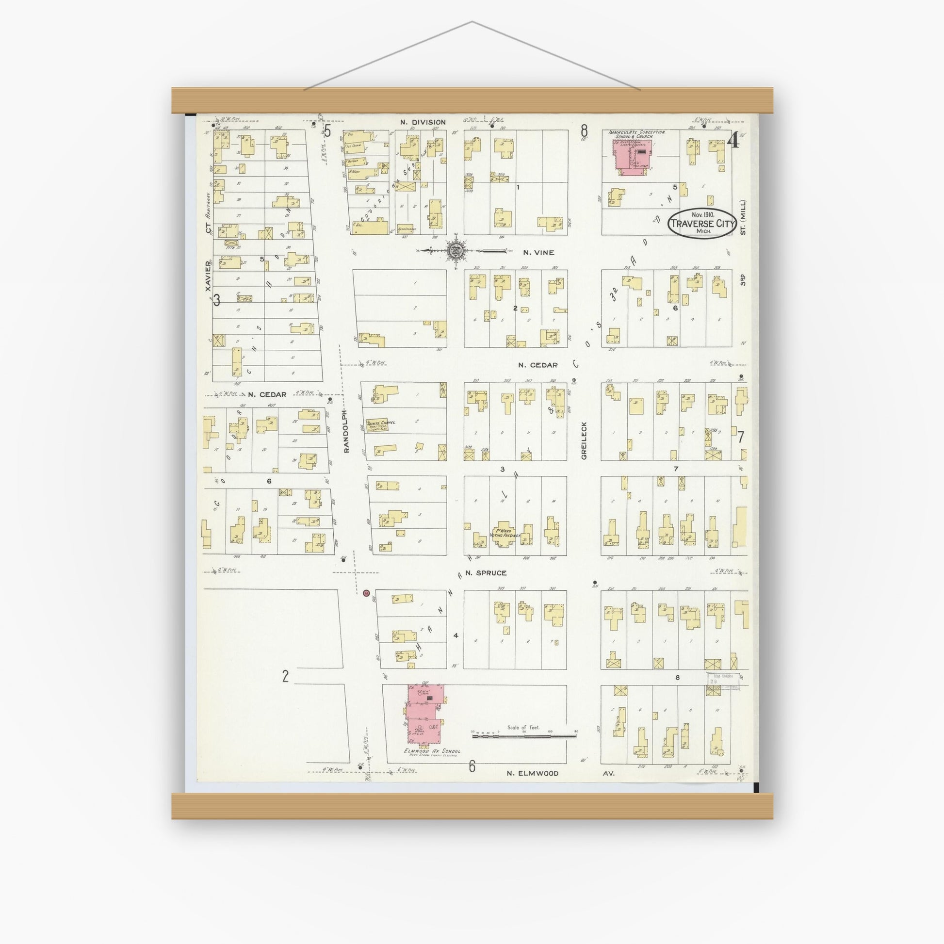 Old map wall art mockup — magnetic wood frame on white wall — Sanborn Fire Insurance Map from Traverse City, Grand Traverse County, Michigan (1910), Sheet #0004