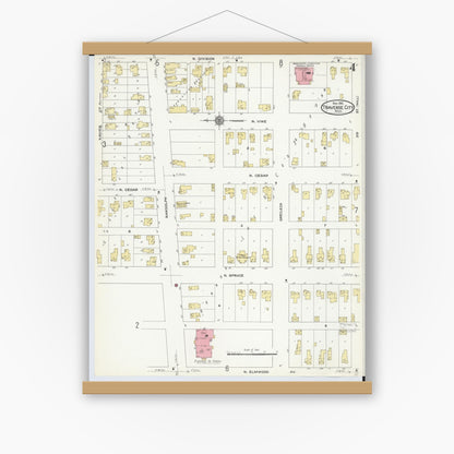 Old map wall art mockup — magnetic wood frame on white wall — Sanborn Fire Insurance Map from Traverse City, Grand Traverse County, Michigan (1910), Sheet #0004