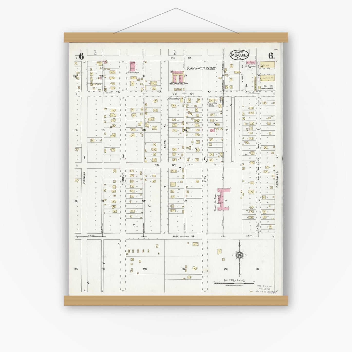 Old map wall art mockup — magnetic wood frame on white wall — Sanborn Fire Insurance Map from Mercedes, Hidalgo County, Texas (1925), Sheet #0006