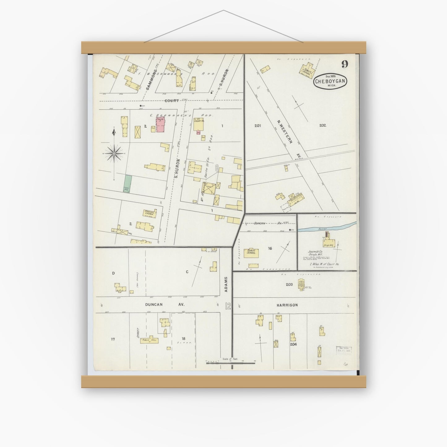 Old map wall art mockup — magnetic wood frame on white wall — Sanborn Fire Insurance Map from Cheboygan, Cheboygan County, Michigan (1895), Sheet #0009