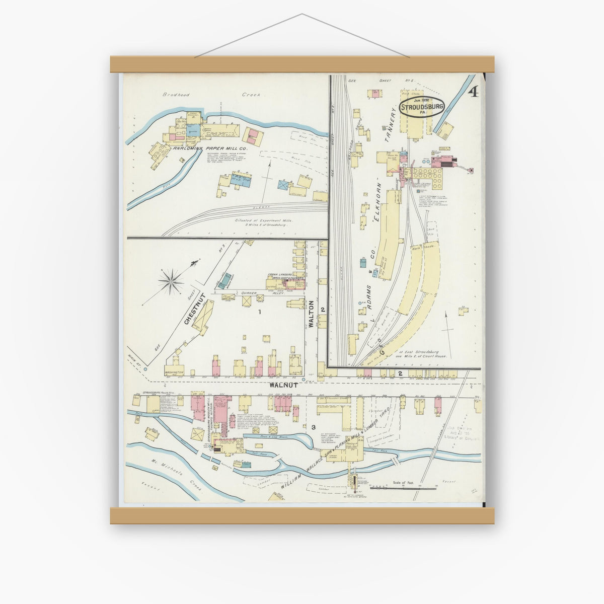 Old map wall art mockup — magnetic wood frame on white wall — Sanborn Fire Insurance Map from Stroudsburg, Monroe County, Pennsylvania (1892), Sheet #0004