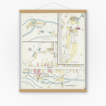 Old map wall art mockup — magnetic wood frame on white wall — Sanborn Fire Insurance Map from Stroudsburg, Monroe County, Pennsylvania (1892), Sheet #0004