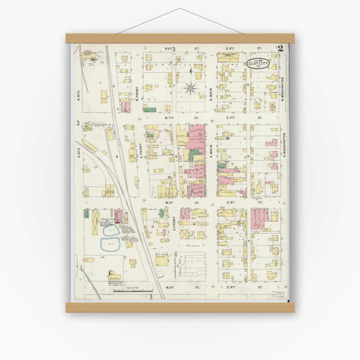 Old map wall art mockup — magnetic wood frame on white wall — Sanborn Fire Insurance Map from Clay City, Clay County, Indiana (1896), Sheet #0002