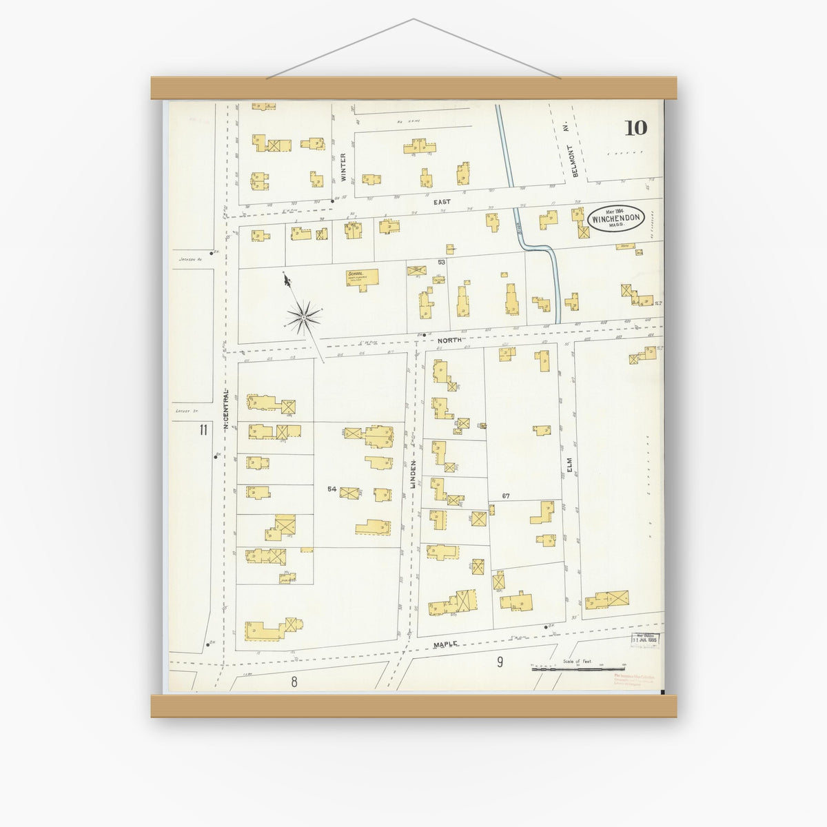 Old map wall art mockup — magnetic wood frame on white wall — Sanborn Fire Insurance Map from Winchendon, Worcester County, Massachusetts (1904), Sheet #0010