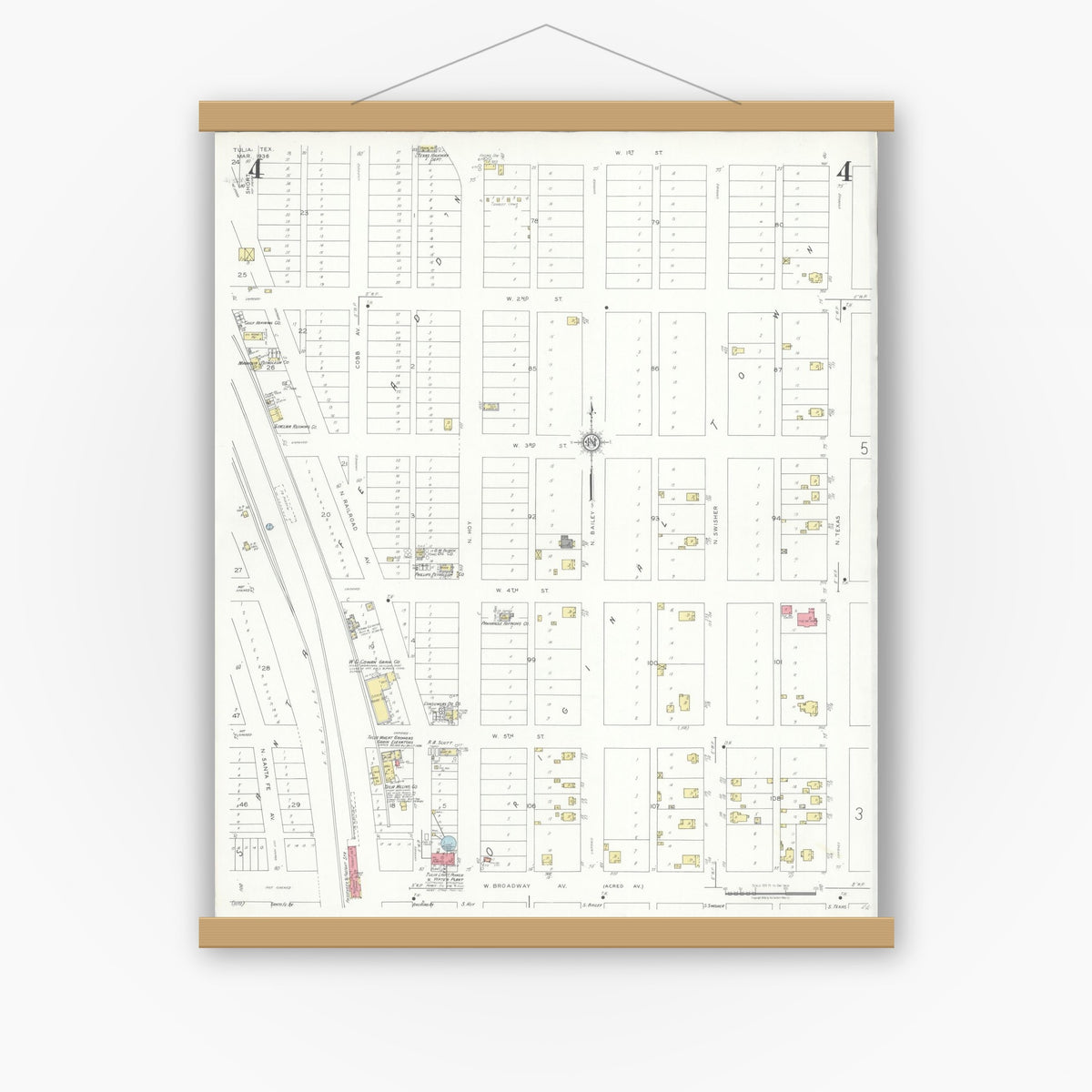Old map wall art mockup — magnetic wood frame on white wall — Sanborn Fire Insurance Map from Tulia, Swisher County, Texas (1936), Sheet #0004