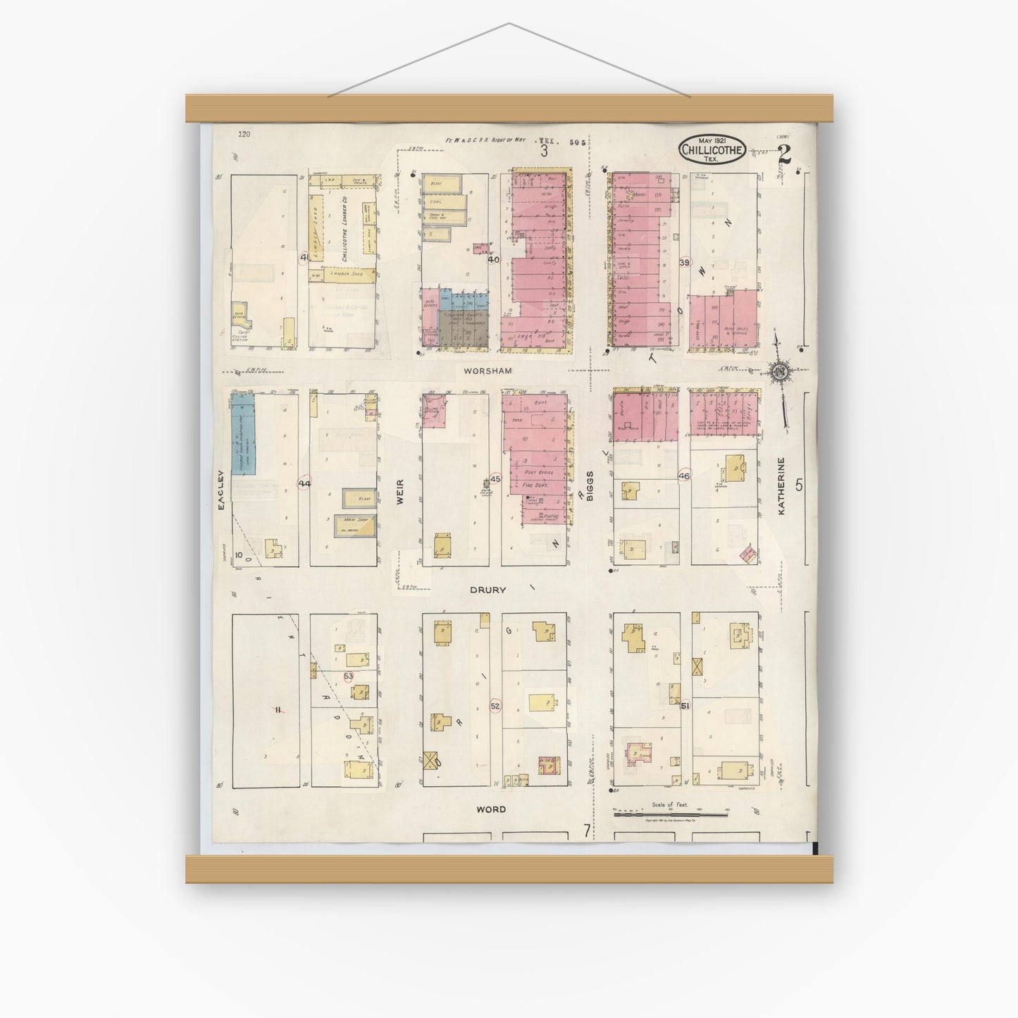 Old map wall art mockup — magnetic wood frame on white wall — Sanborn Fire Insurance Map from Chillicothe, Hardeman County, Texas (1941), Sheet #0002
