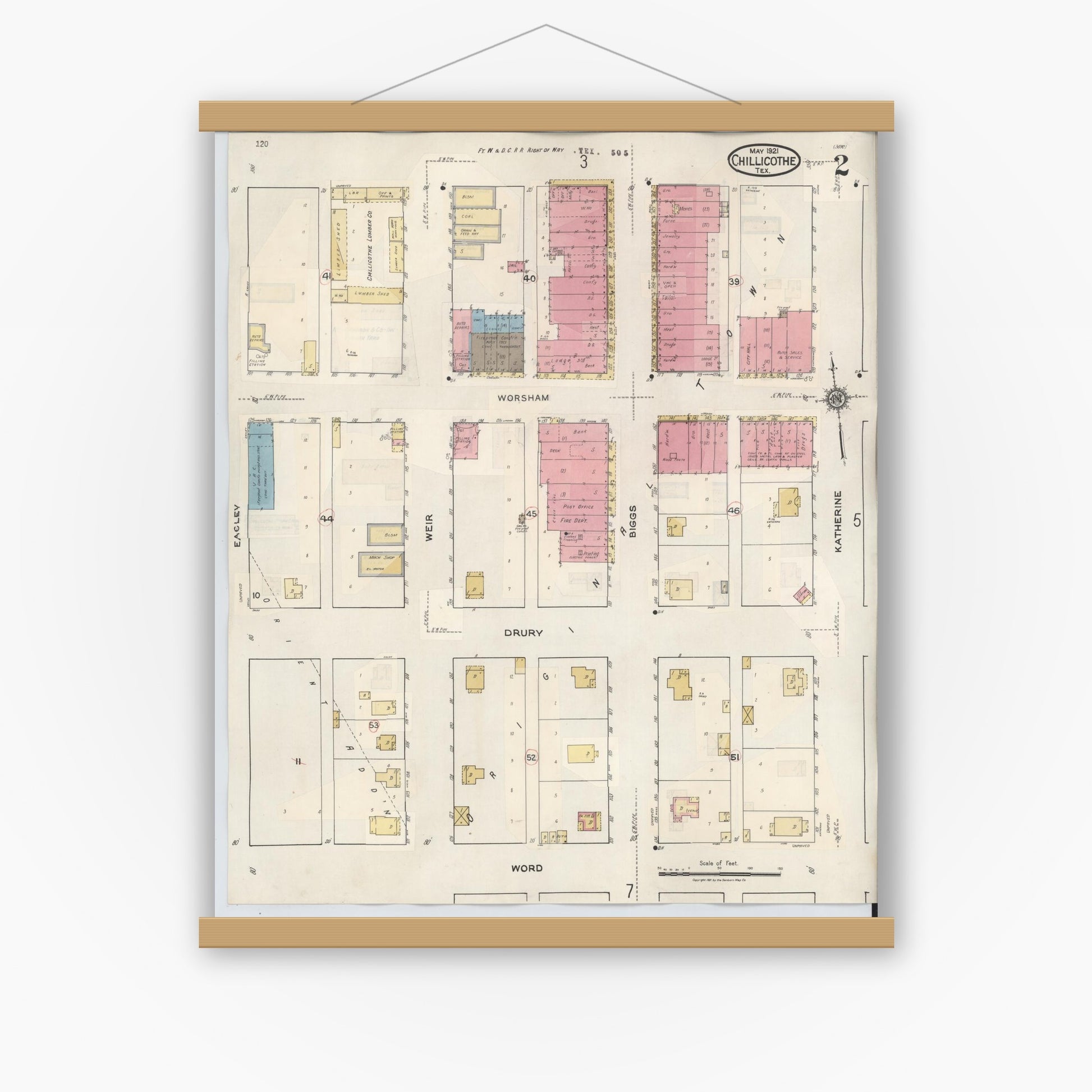 Old map wall art mockup — magnetic wood frame on white wall — Sanborn Fire Insurance Map from Chillicothe, Hardeman County, Texas (1941), Sheet #0002