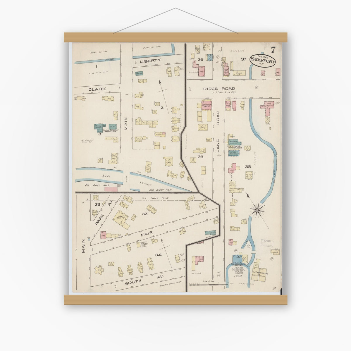 Old map wall art mockup — magnetic wood frame on white wall — Sanborn Fire Insurance Map from Brockport, Monroe County, New York (1885), Sheet #0007