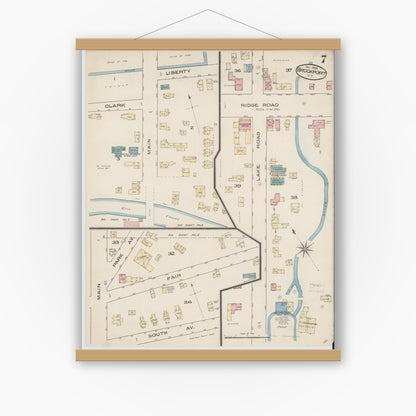 Old map wall art mockup — magnetic wood frame on white wall — Sanborn Fire Insurance Map from Brockport, Monroe County, New York (1885), Sheet #0007