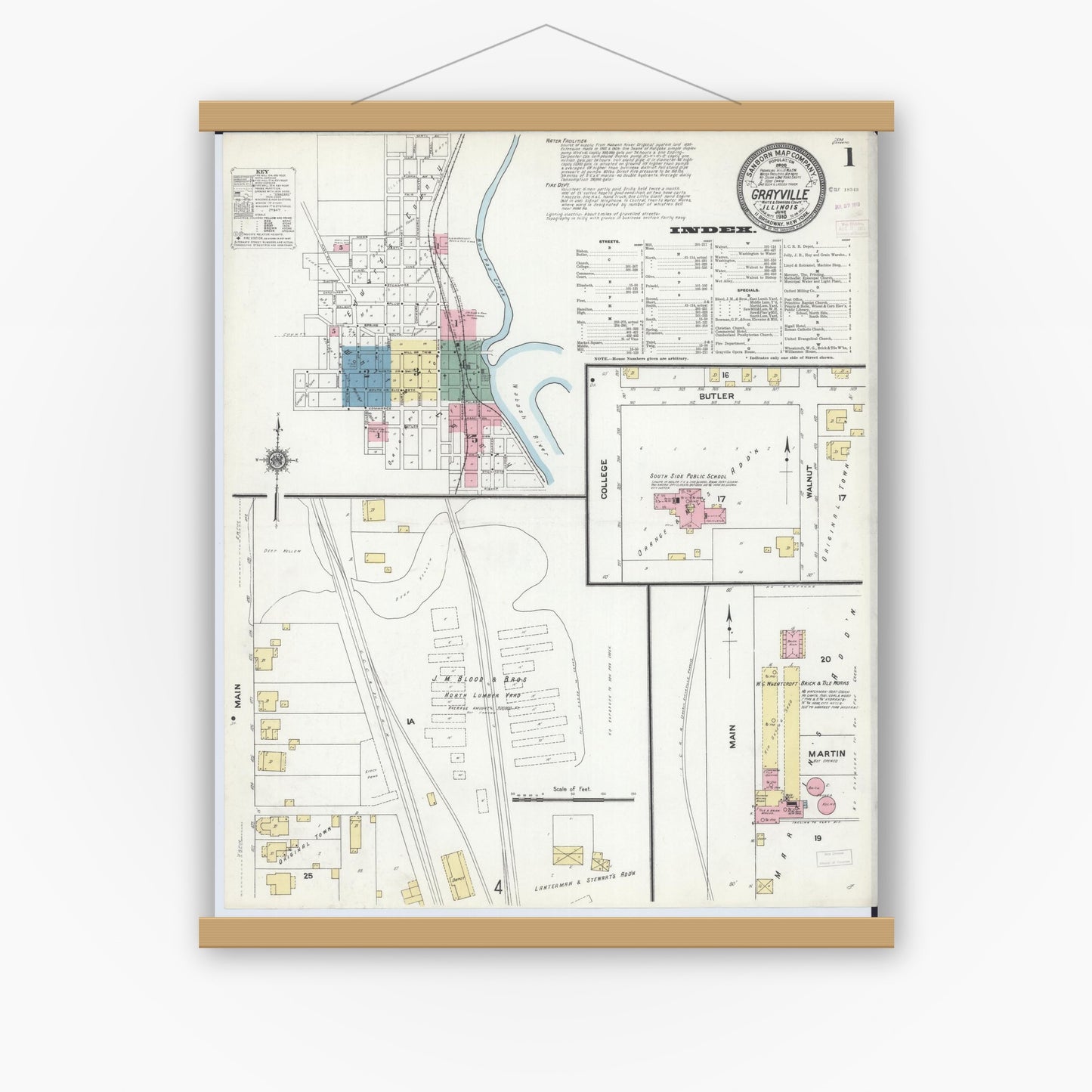 Old map wall art mockup — magnetic wood frame on white wall — Sanborn Fire Insurance Map from Grayville, White And Edwards Counties, Illinois (1910) - Complete Map Set