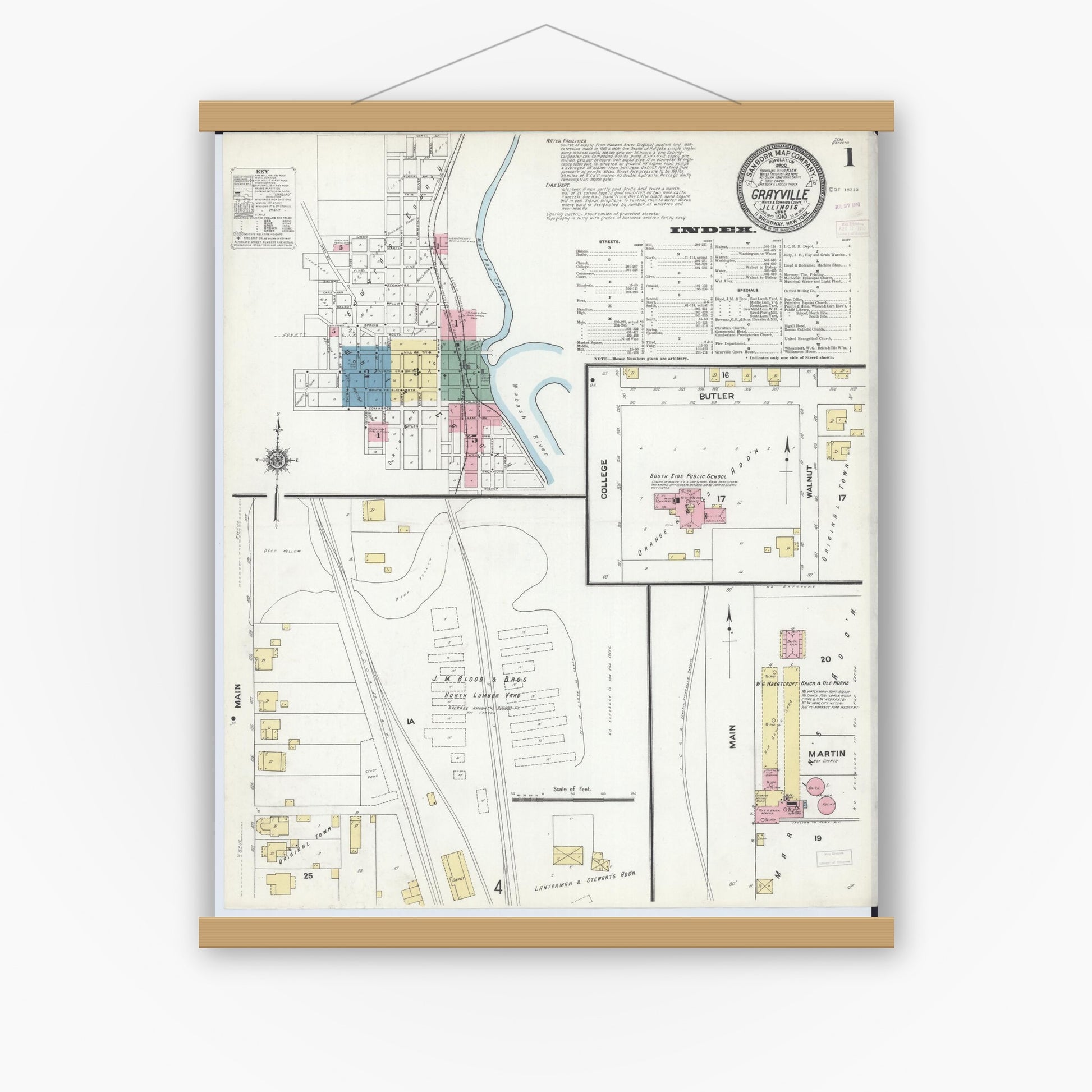 Old map wall art mockup — magnetic wood frame on white wall — Sanborn Fire Insurance Map from Grayville, White And Edwards Counties, Illinois (1910) - Complete Map Set
