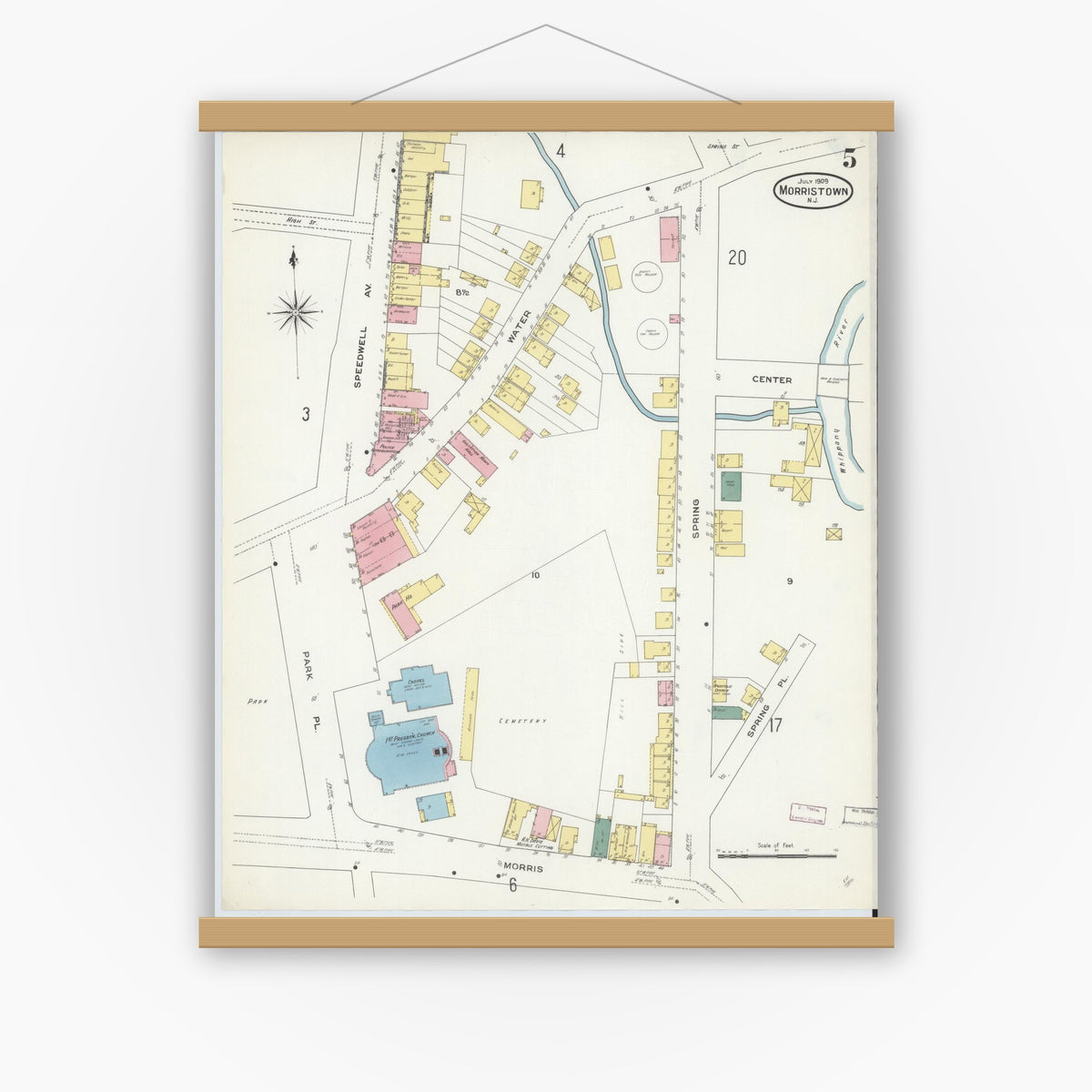 Old map wall art mockup — magnetic wood frame on white wall — Sanborn Fire Insurance Map from Morristown, Morris County, New Jersey (1909), Sheet #0005