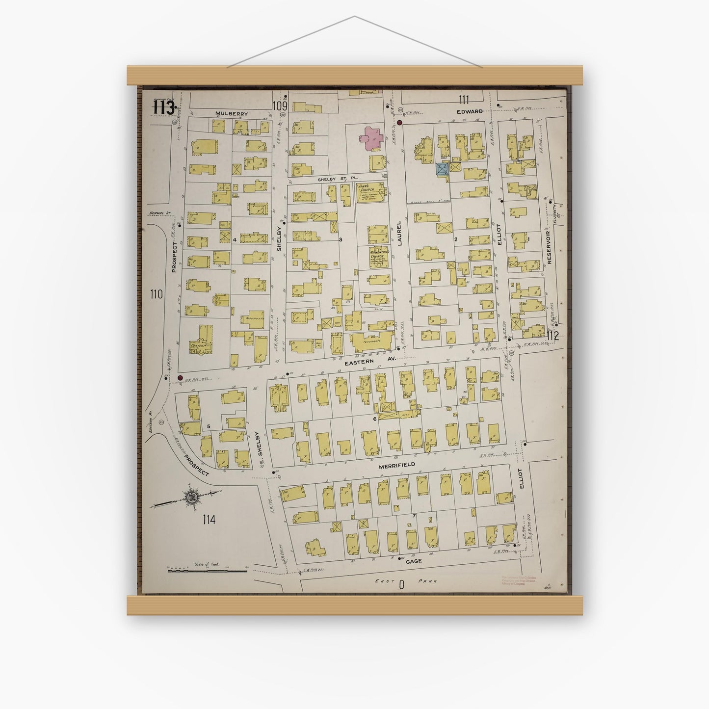 Old map wall art mockup — magnetic wood frame on white wall — Sanborn Fire Insurance Map from Worcester, Worcester County, Massachusetts (1910), Sheet #0113