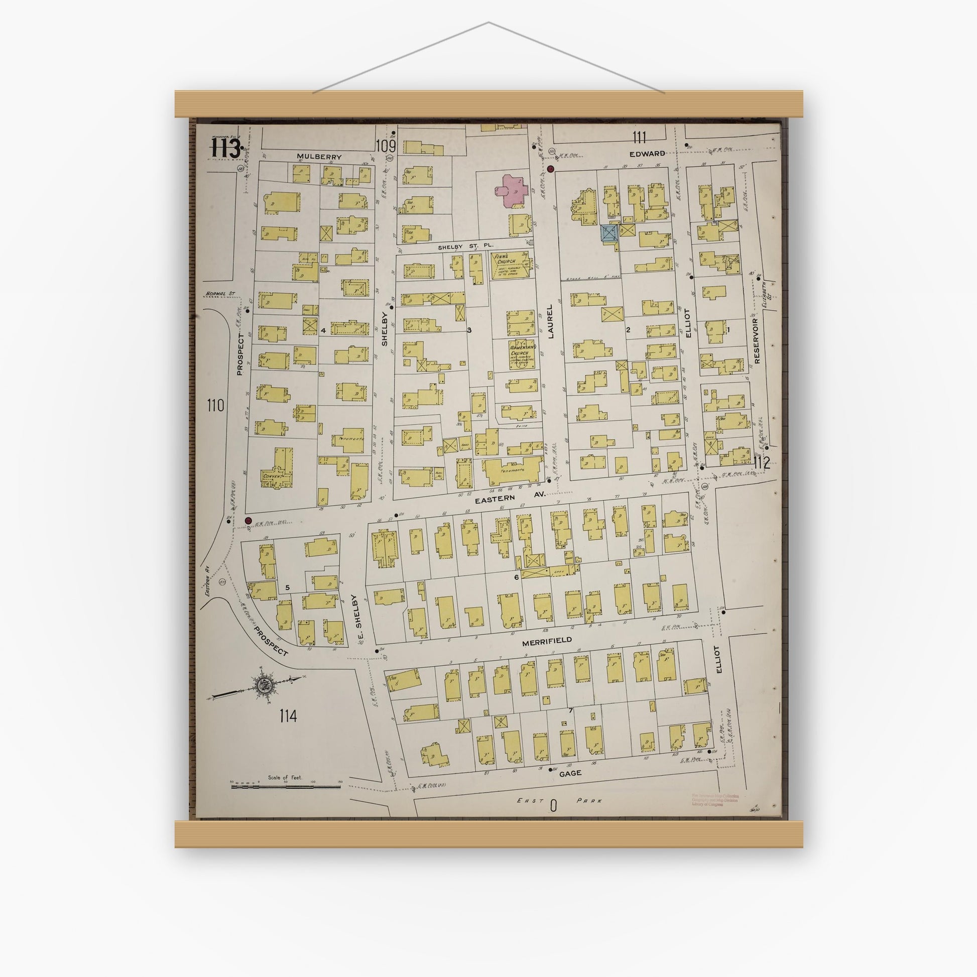 Old map wall art mockup — magnetic wood frame on white wall — Sanborn Fire Insurance Map from Worcester, Worcester County, Massachusetts (1910), Sheet #0113