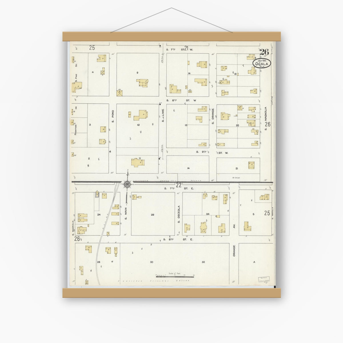 Old map wall art mockup — magnetic wood frame on white wall — Sanborn Fire Insurance Map from Ocala, Marion County, Florida (1912), Sheet #0026