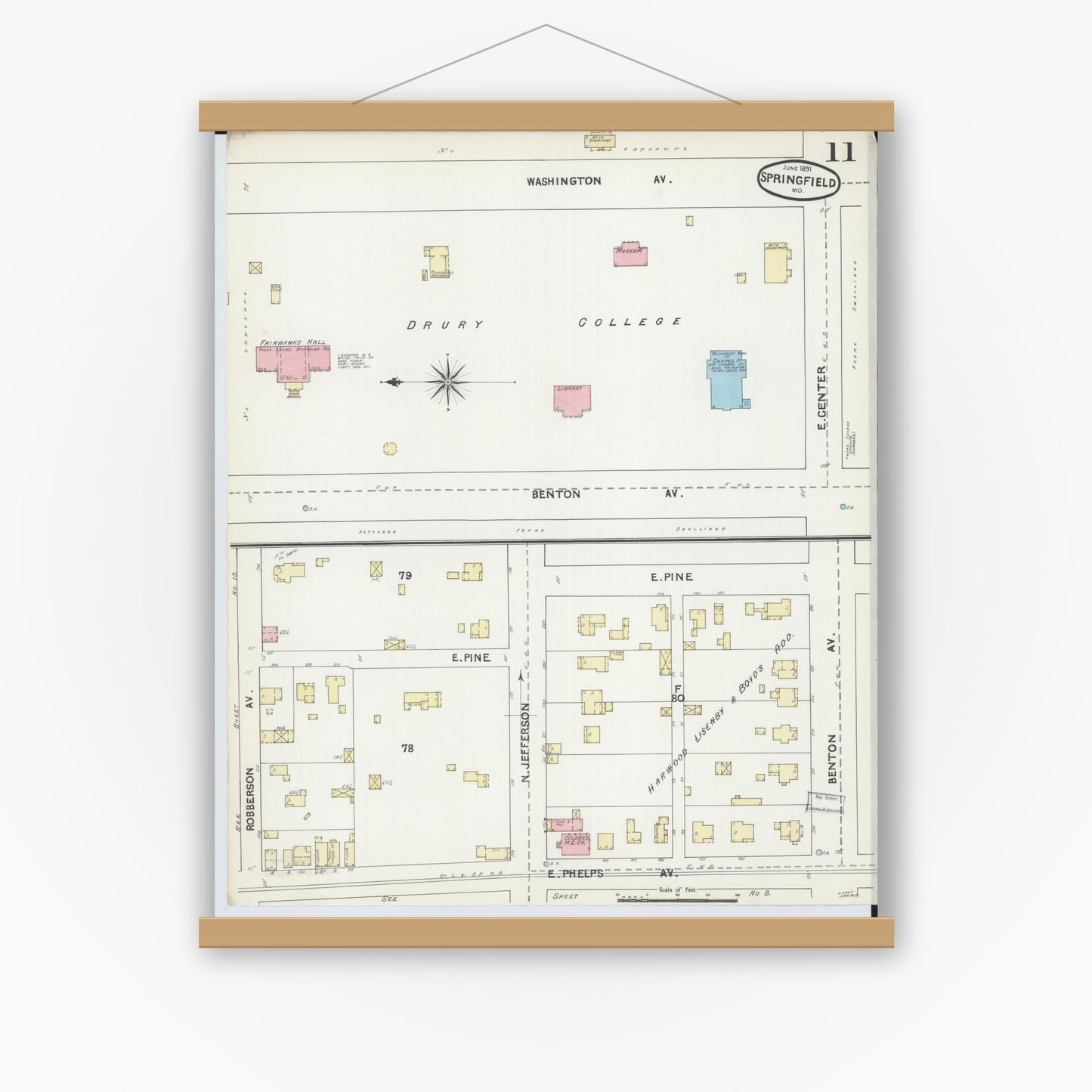 Old map wall art mockup — magnetic wood frame on white wall — Sanborn Fire Insurance Map from Springfield, Greene County, Missouri (1891), Sheet #0011