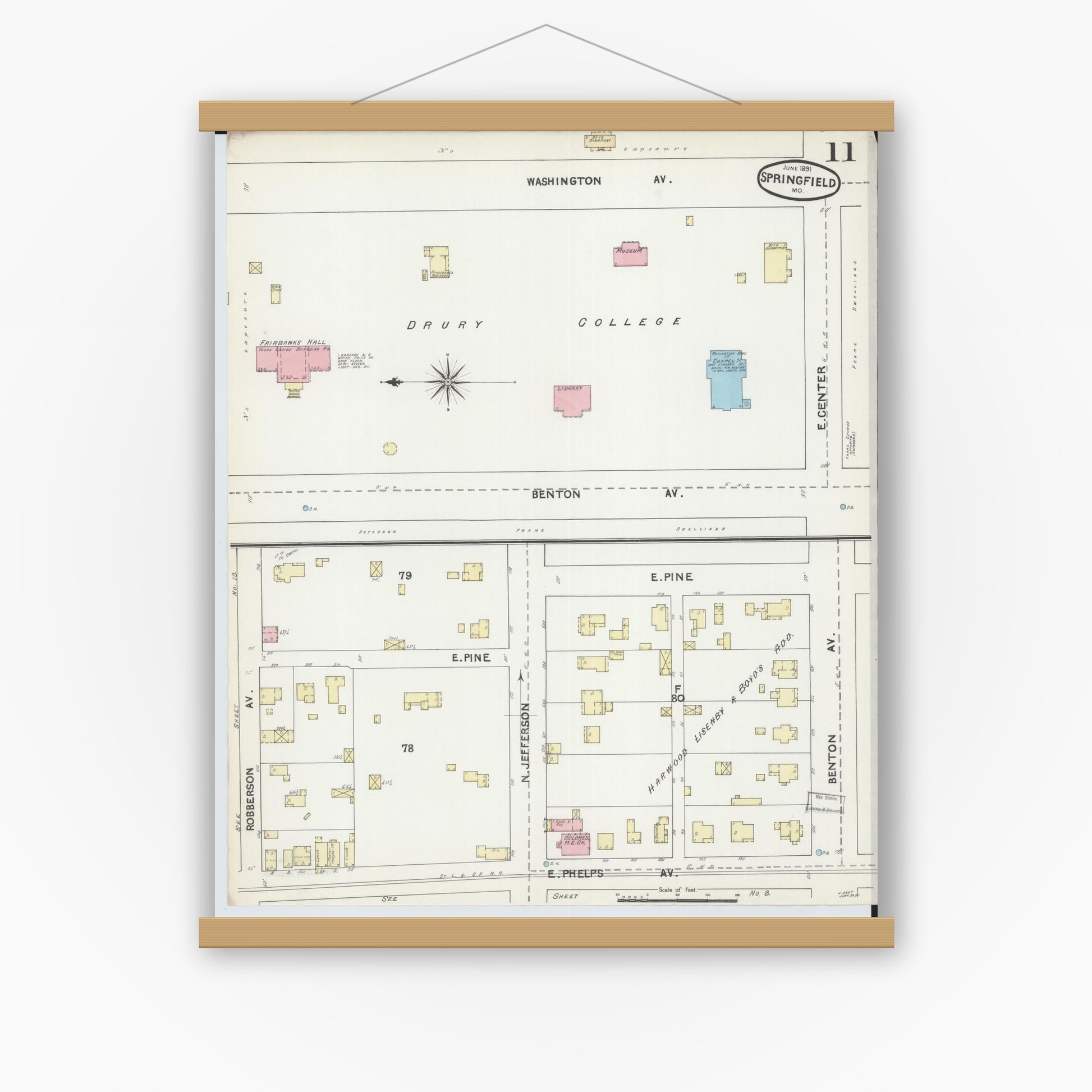 Old map wall art mockup — magnetic wood frame on white wall — Sanborn Fire Insurance Map from Springfield, Greene County, Missouri (1891), Sheet #0011