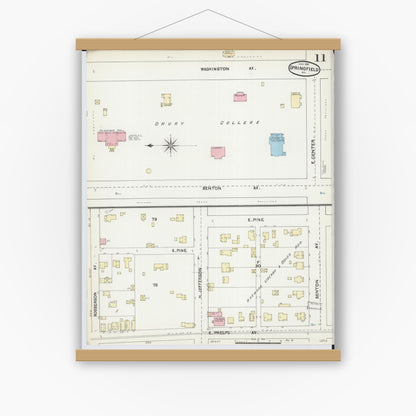Old map wall art mockup — magnetic wood frame on white wall — Sanborn Fire Insurance Map from Springfield, Greene County, Missouri (1891), Sheet #0011