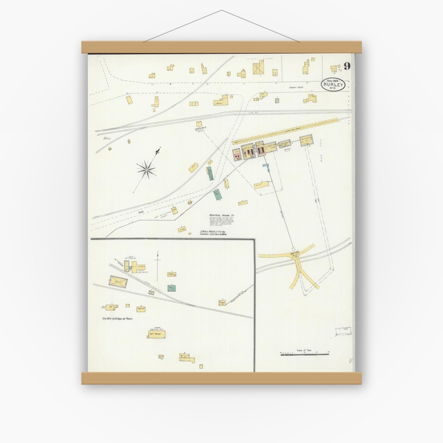 Old map wall art mockup — magnetic wood frame on white wall — Sanborn Fire Insurance Map from Hurley, Iron County, Wisconsin (1905), Sheet #0009
