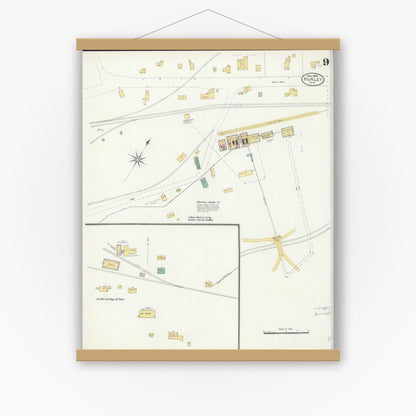 Old map wall art mockup — magnetic wood frame on white wall — Sanborn Fire Insurance Map from Hurley, Iron County, Wisconsin (1905), Sheet #0009