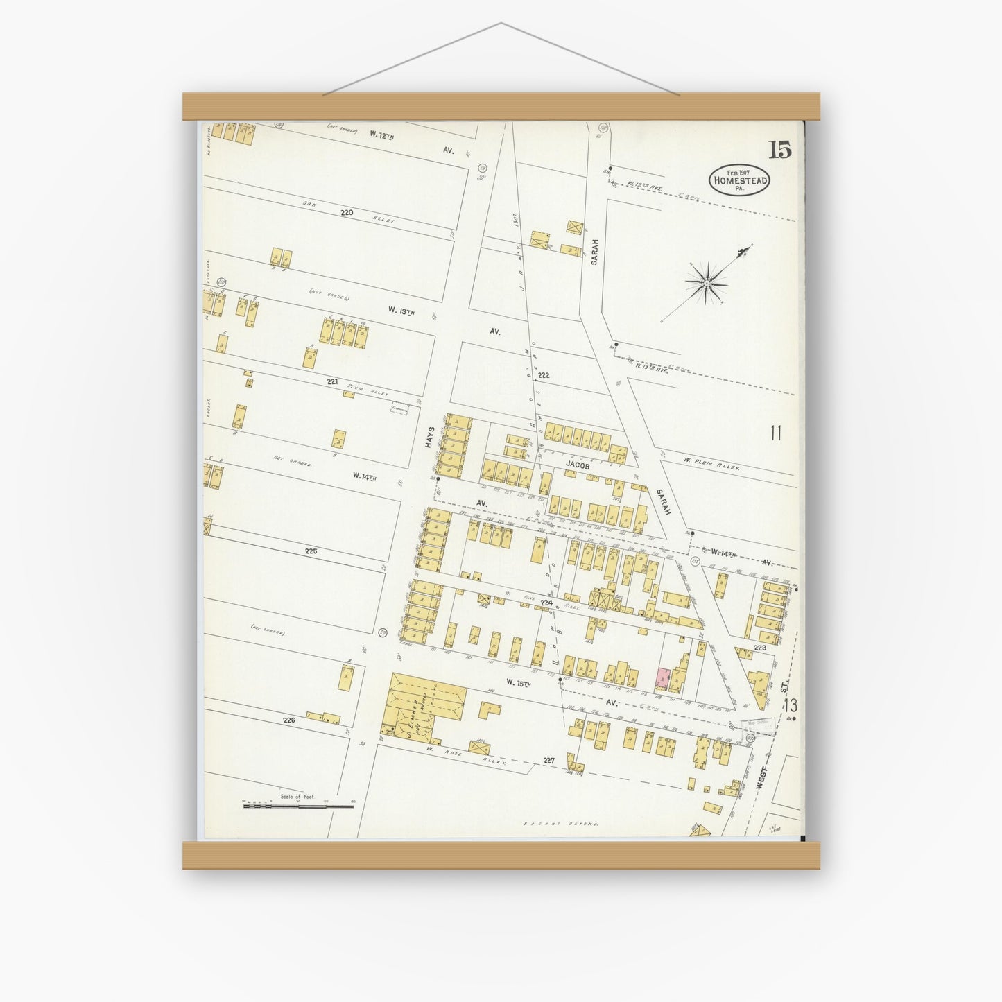 Old map wall art mockup — magnetic wood frame on white wall — Sanborn Fire Insurance Map from Homestead, Allegheny County, Pennsylvania (1907), Sheet #0015