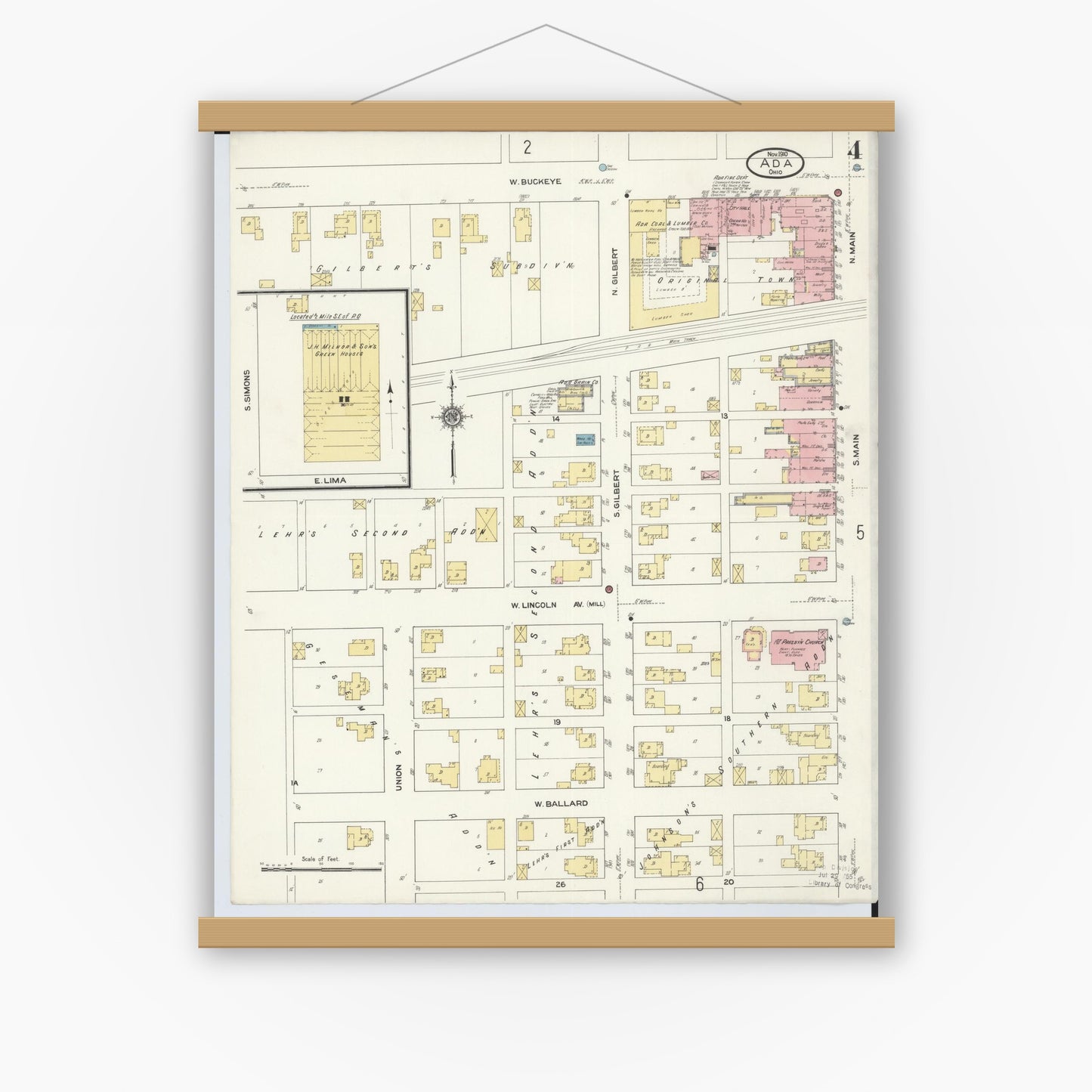 Old map wall art mockup — magnetic wood frame on white wall — Sanborn Fire Insurance Map from Ada, Hardin County, Ohio (1910), Sheet #0004