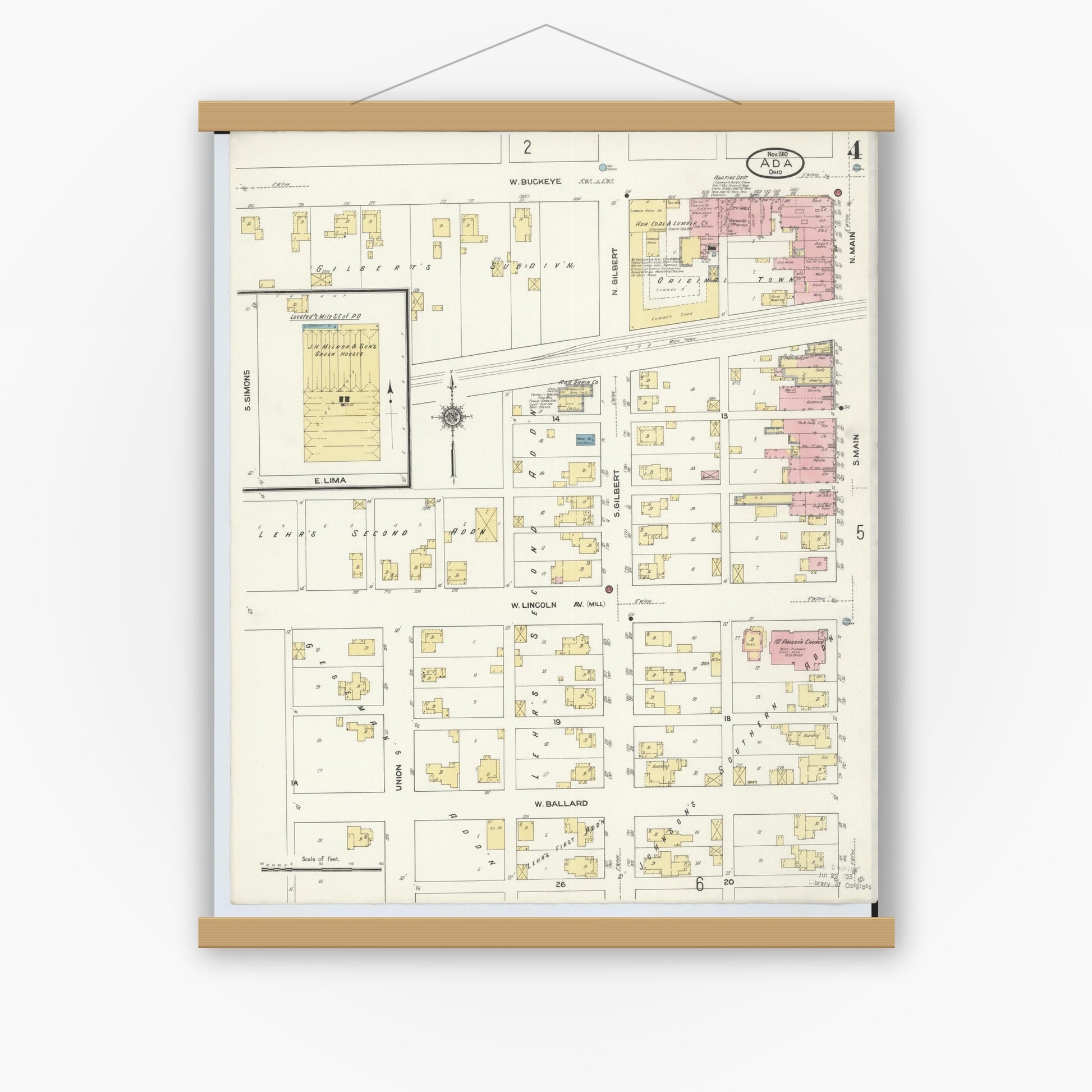 Old map wall art mockup — magnetic wood frame on white wall — Sanborn Fire Insurance Map from Ada, Hardin County, Ohio (1910), Sheet #0004