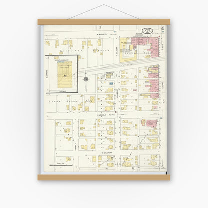 Old map wall art mockup — magnetic wood frame on white wall — Sanborn Fire Insurance Map from Ada, Hardin County, Ohio (1910), Sheet #0004