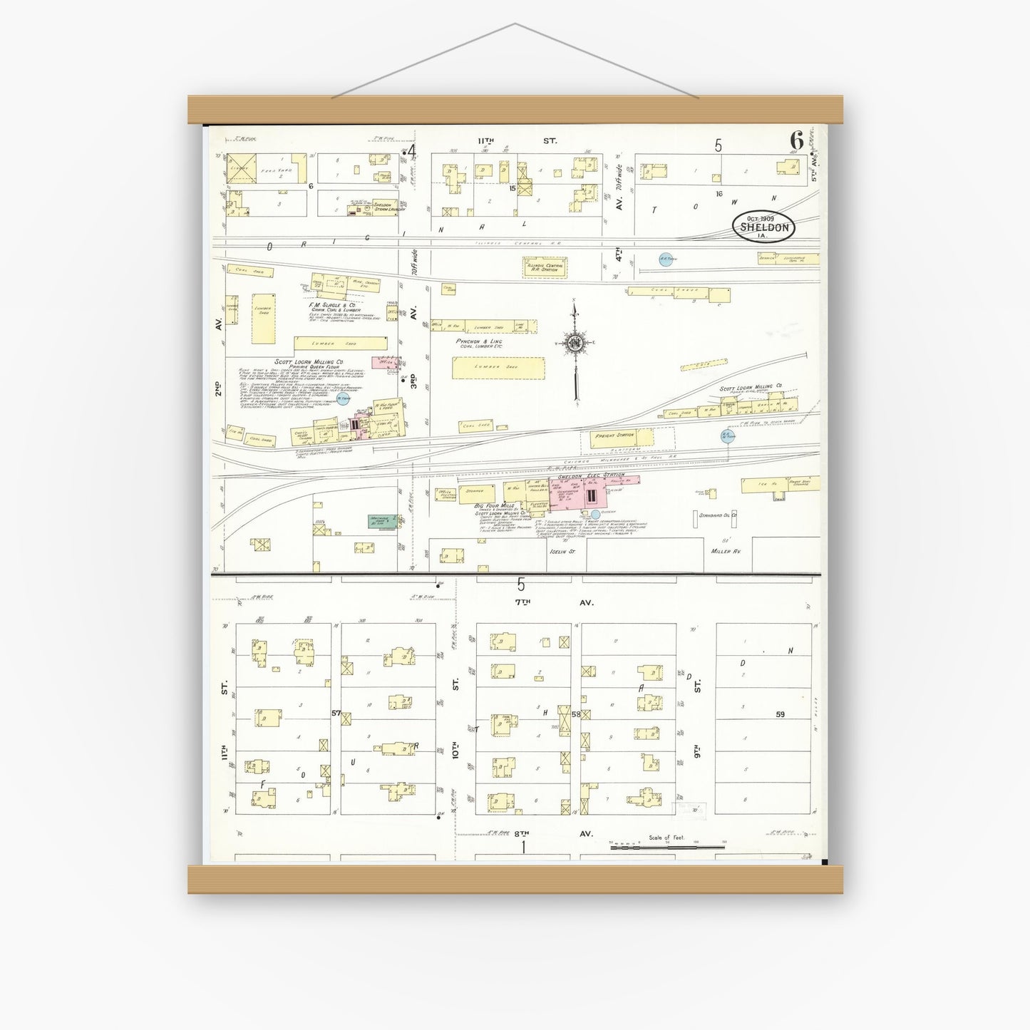 Old map wall art mockup — magnetic wood frame on white wall — Sanborn Fire Insurance Map from Sheldon, O'Brien County, Iowa (1909), Sheet #0006