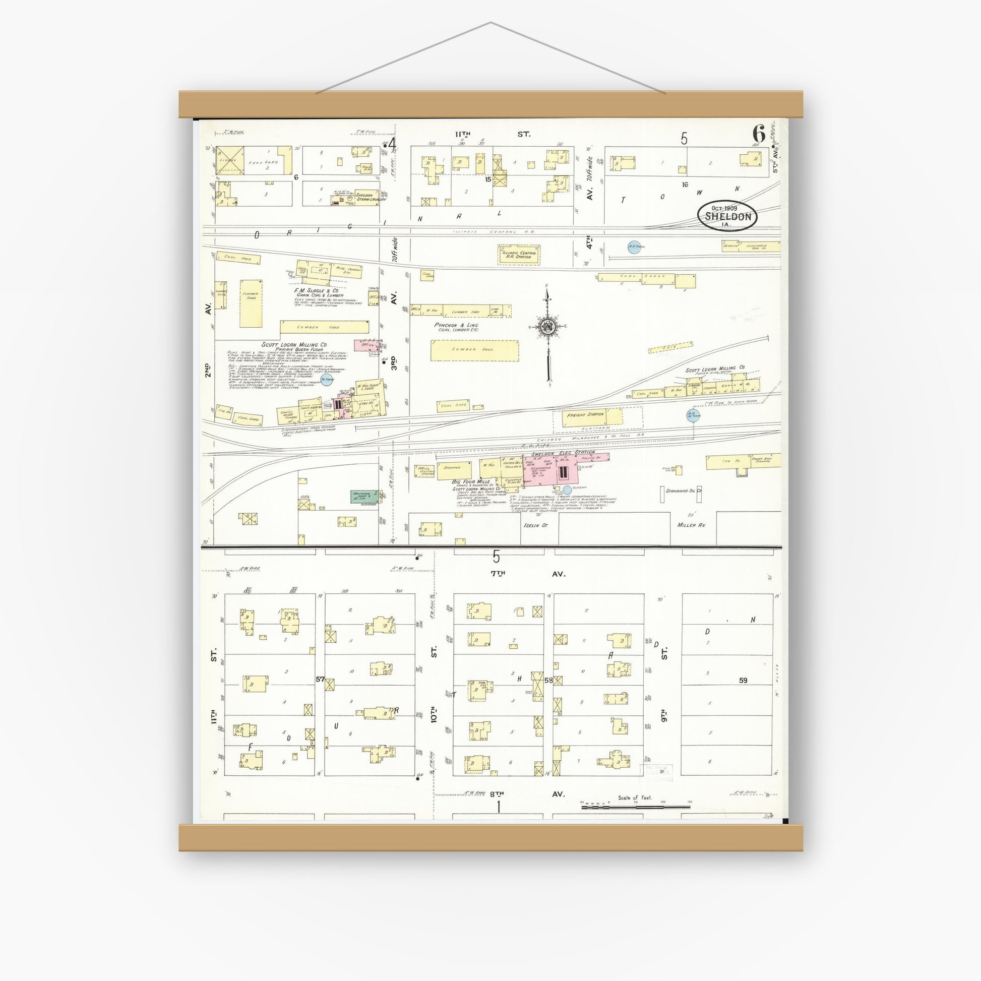 Old map wall art mockup — magnetic wood frame on white wall — Sanborn Fire Insurance Map from Sheldon, O'Brien County, Iowa (1909), Sheet #0006