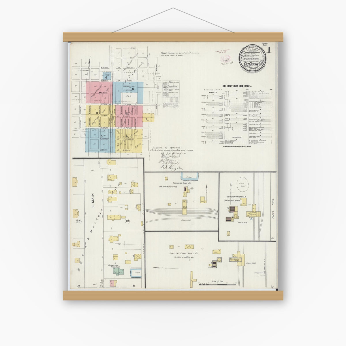 Old map wall art mockup — magnetic wood frame on white wall — Sanborn Fire Insurance Map from Du Quoin, Perry County, Illinois (1894) - Complete Map Set