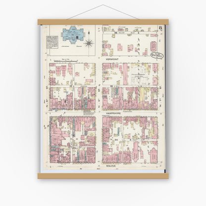 Old map wall art mockup — magnetic wood frame on white wall — Sanborn Fire Insurance Map from Quincy, Adams County, Illinois (1883), Sheet #0008