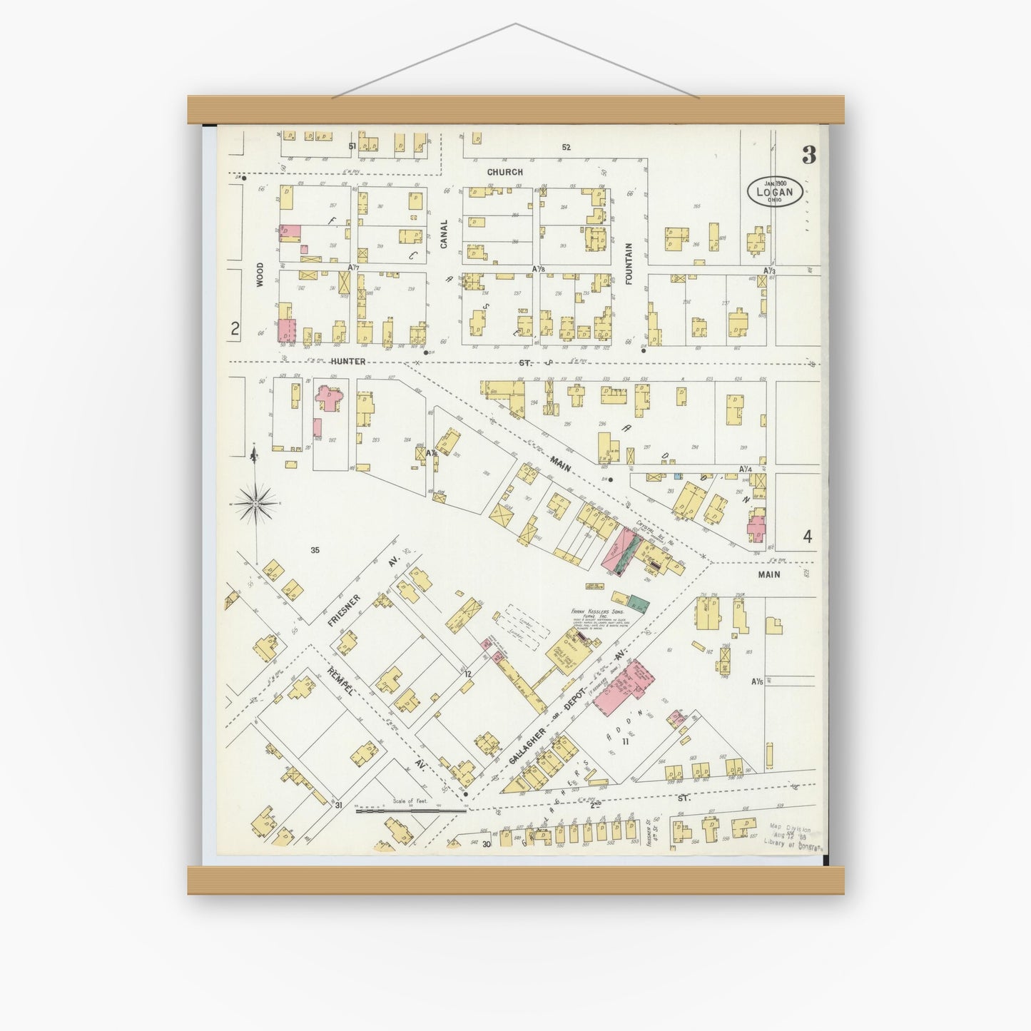 Old map wall art mockup — magnetic wood frame on white wall — Sanborn Fire Insurance Map from Logan, Hocking County, Ohio (1900), Sheet #0003
