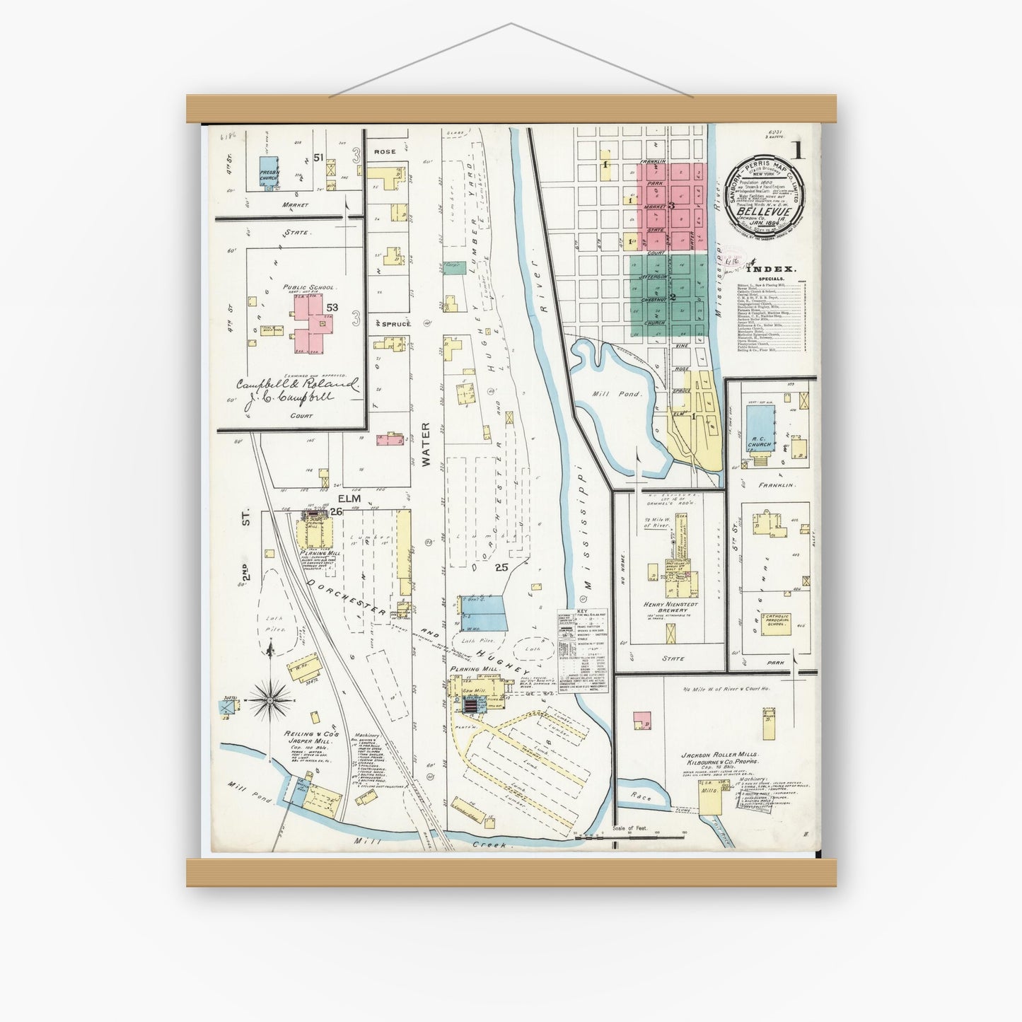 Old map wall art mockup — magnetic wood frame on white wall — Sanborn Fire Insurance Map from Bellevue, Jackson County, Iowa (1894) â€” Complete Set