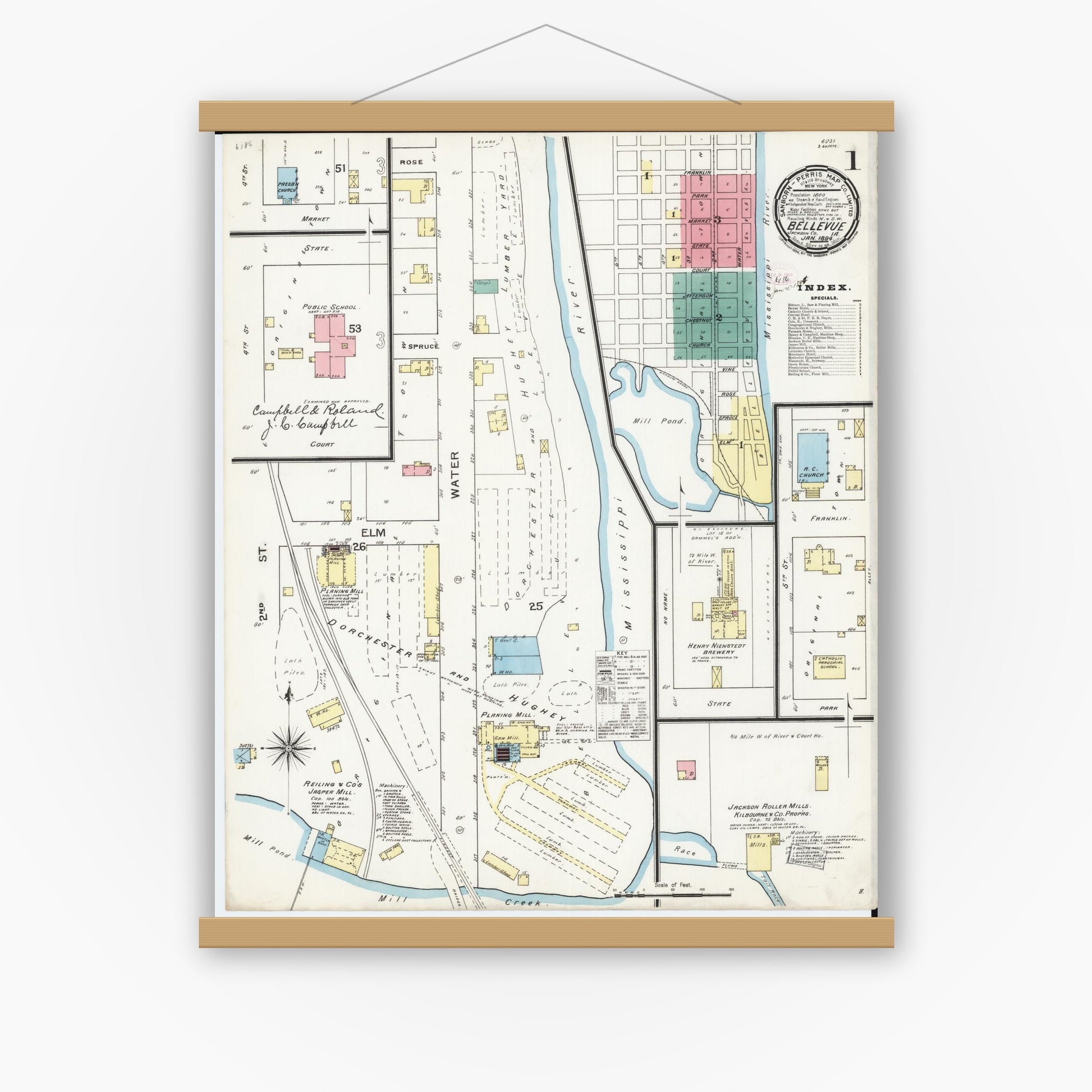 Old map wall art mockup — magnetic wood frame on white wall — Sanborn Fire Insurance Map from Bellevue, Jackson County, Iowa (1894) â€” Complete Set