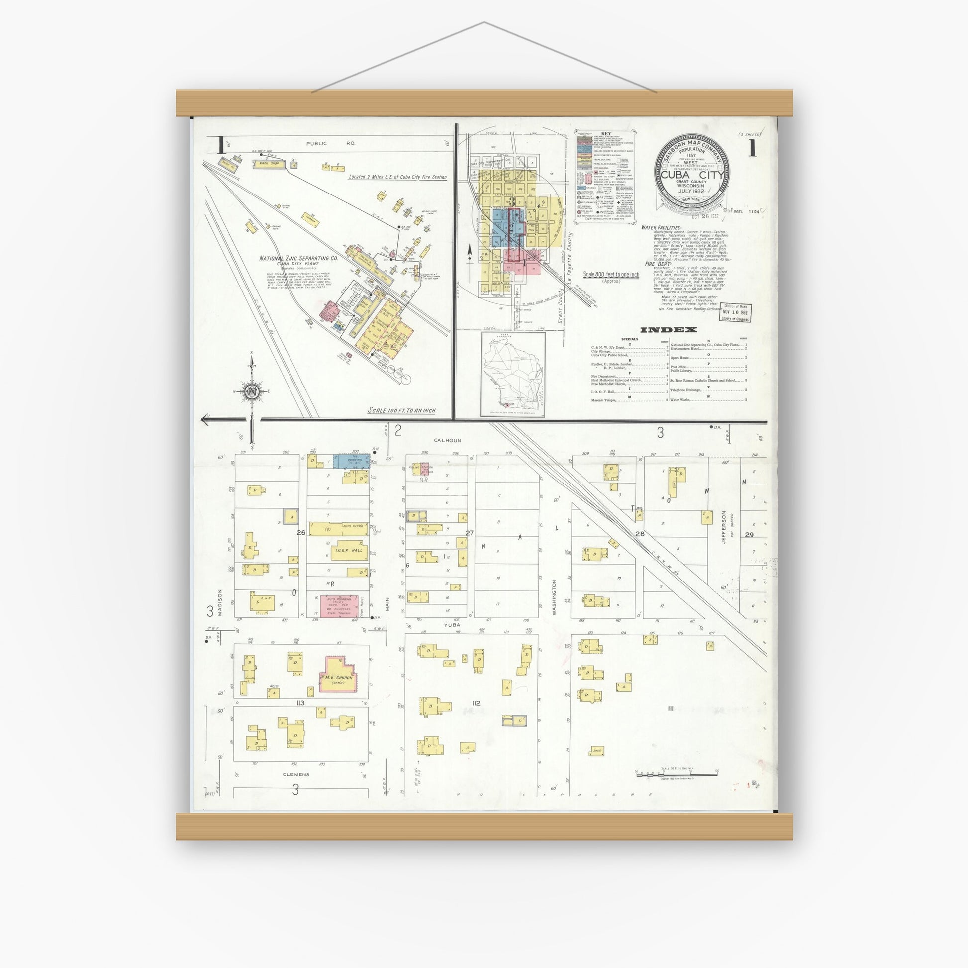 Old map wall art mockup — magnetic wood frame on white wall — Sanborn Fire Insurance Map from Cuba City, Grant County, Wisconsin (1932) - Complete Map Set